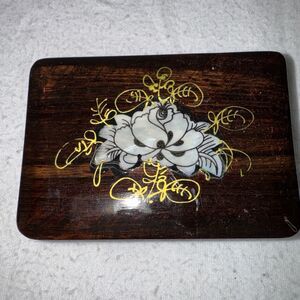 Black Ox Horn Comb in aTeak Box w Mother Of Pearl‎ Inlay Lotus & Mirror VTG